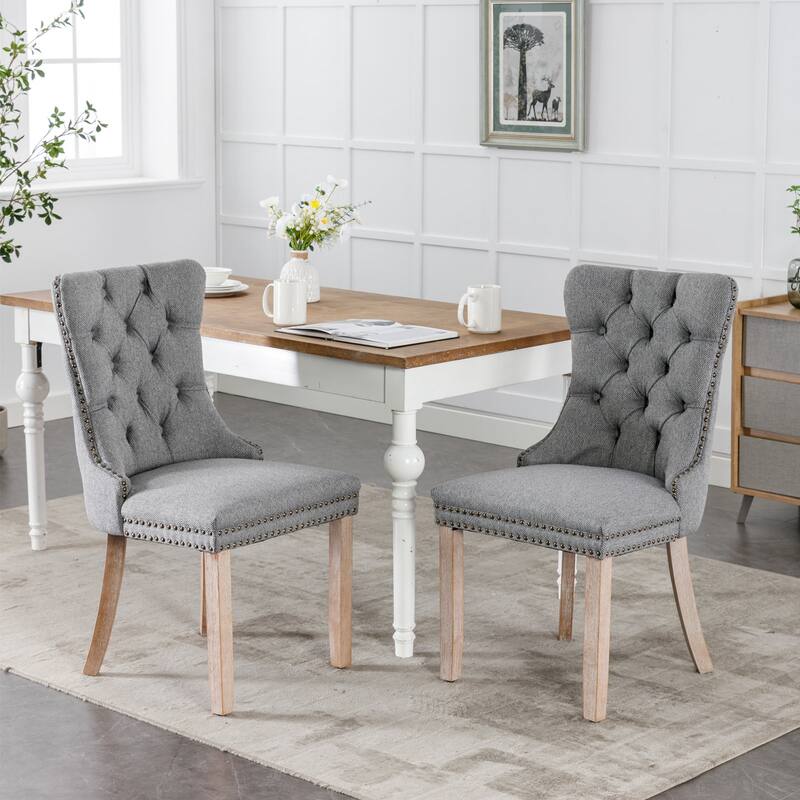 PU/Velvet Dining Chair Set of 2, Tufted Dining Room Chairs with Nailhead Ring Pull Trim & Wood Legs, Upholstered Dining Chairs