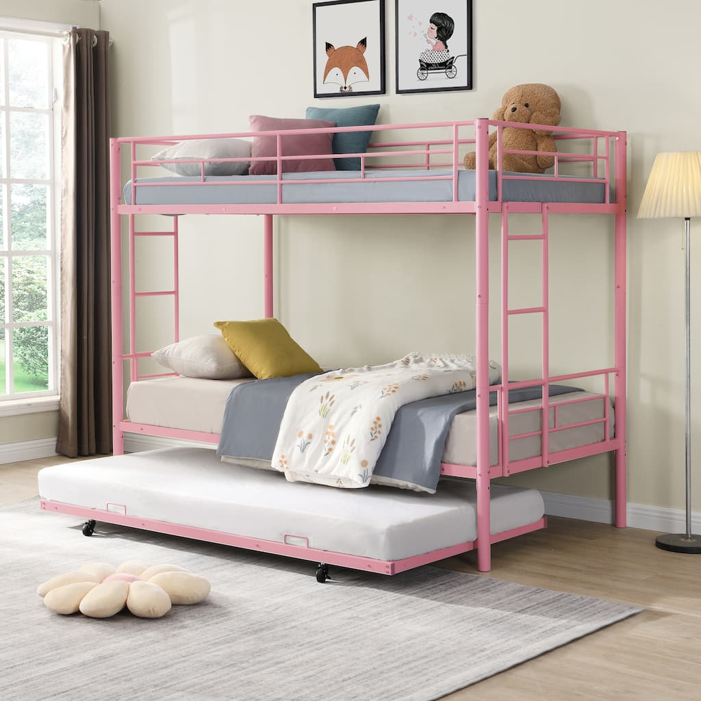 Twin Over Twin Bunk Bed with Trundle, Metal Bunkbeds with Ladder and Full-Length Guardrail, Noise Free, No Box Spring Needed