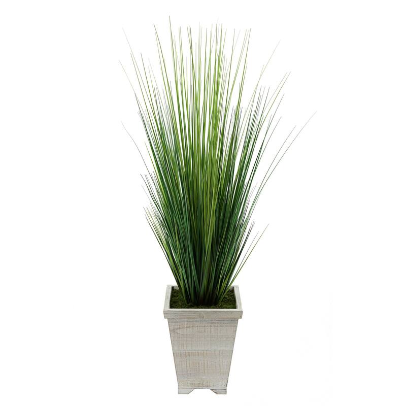 Faux 4ft PVC Grass in Washed Wood Planter - White