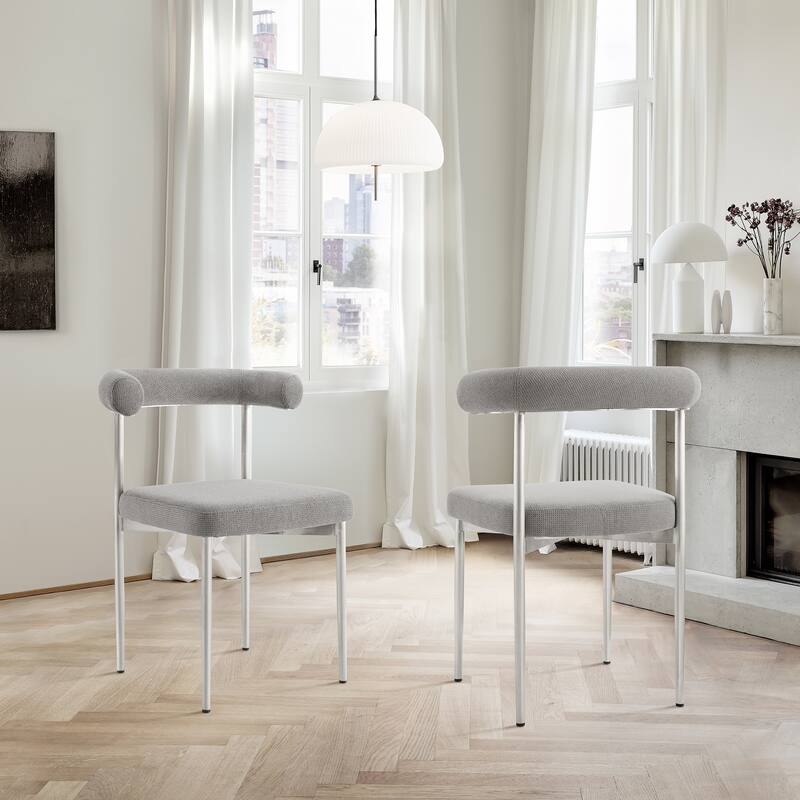 Shannon Upholstered Curved Back Barrel Kitchen Dining Chairs - Set of 2 - Light Gray & Stainless Steel