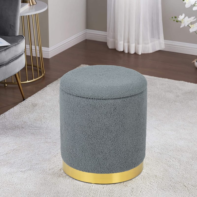 Adeco Velvet Round Storage Stool Gold Plating Base Storage Ottoman - Dark Grey