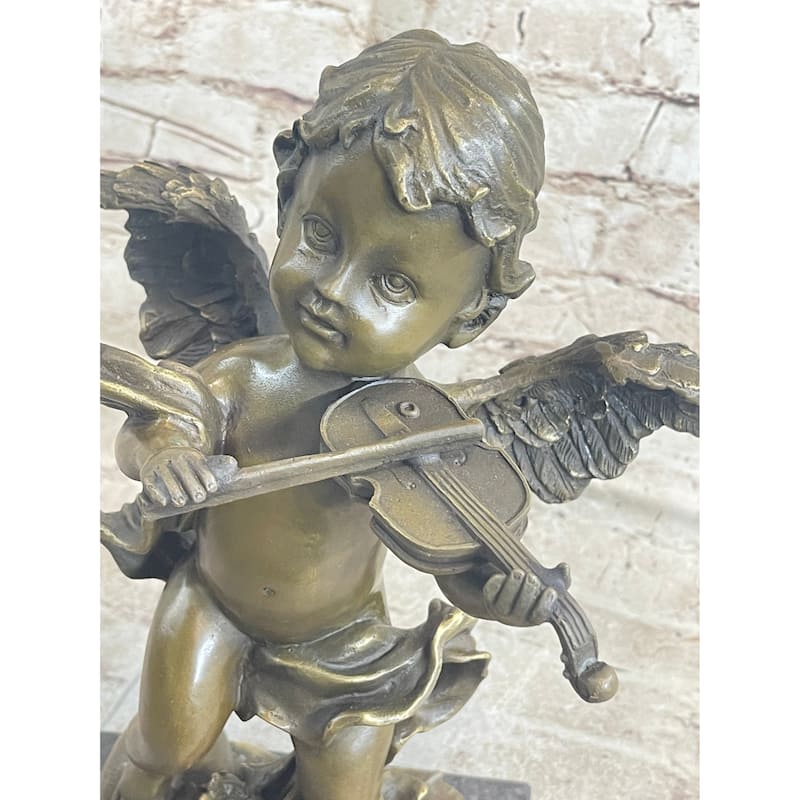 Cherub Child Angel Playing Violin Bronze Metal Statue Sculpture Memorial Decor Marble Base