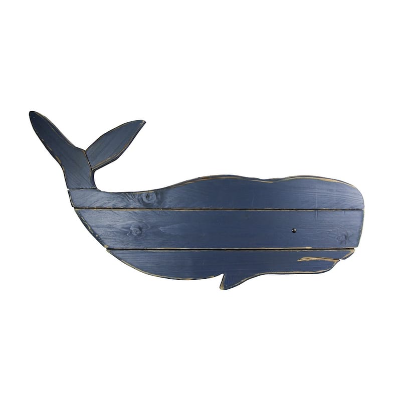 30 Inch Distressed Blue Carved Wood Whale Wall Hanging Decorative