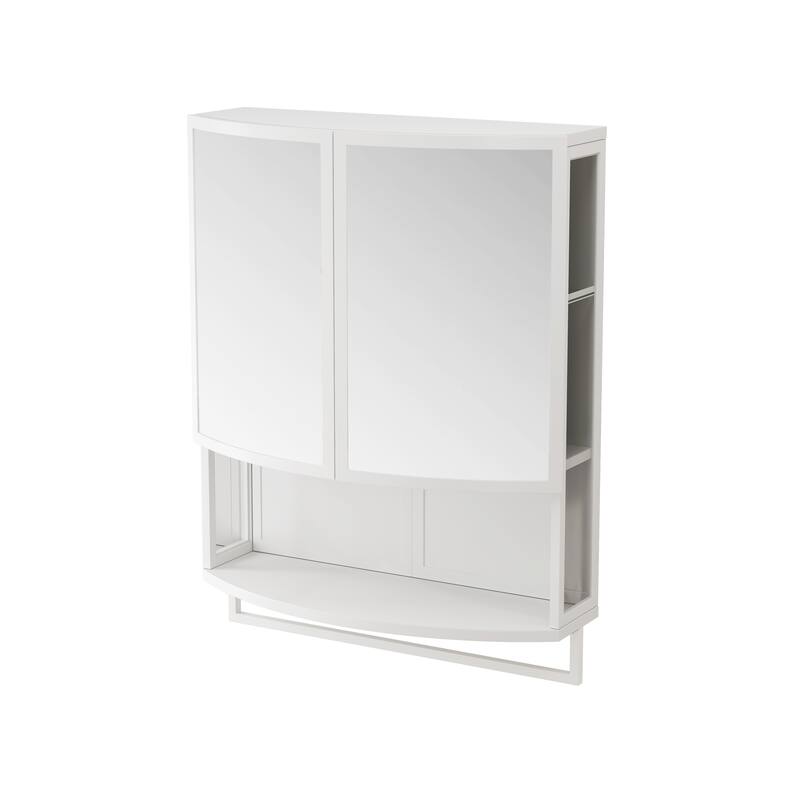 Anmytek Modern Arched Glass Double Door Bathroom Cabinet with Shatterproof Mirror Double Layer Storage Open Shelf Towel Rack
