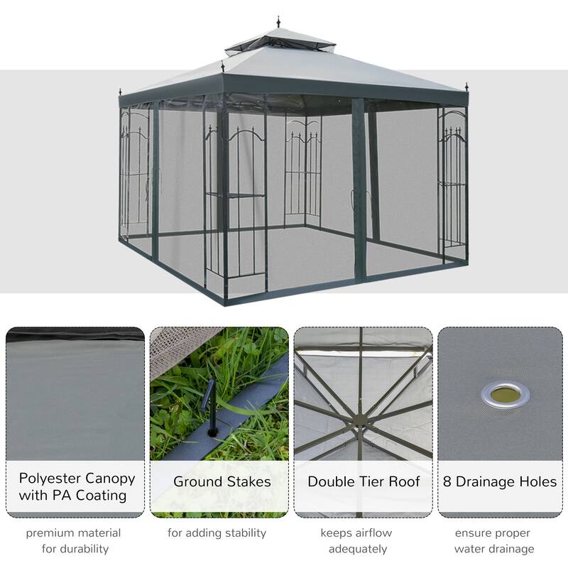 Double Roof Outdoor Gazebo with Corner Shelves and Protective Mesh Netting