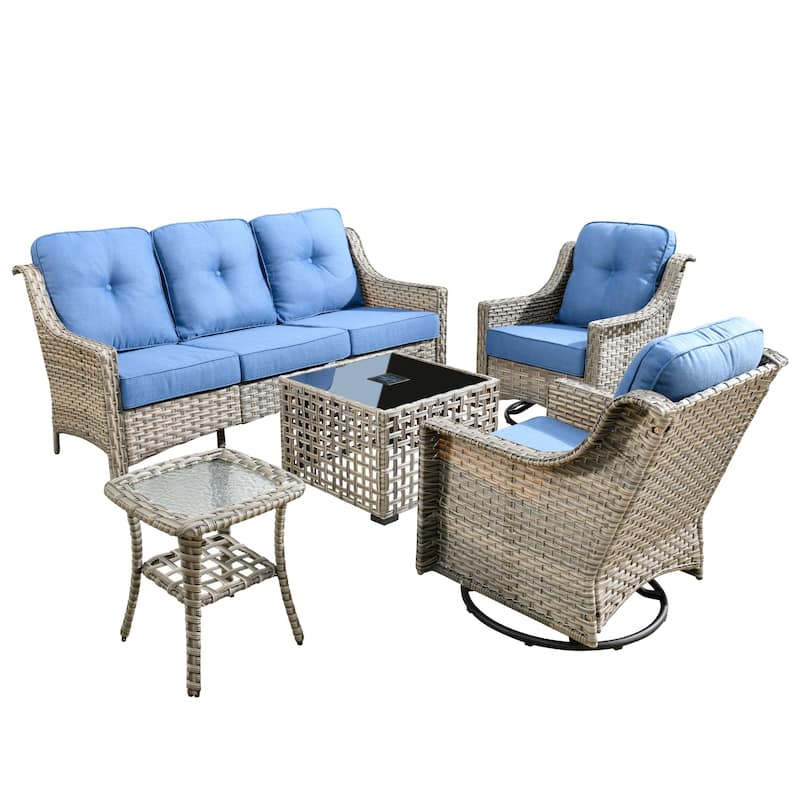 OVIOS 5 Pieces Outdoor Wicker Swivel Chair Set With Solar-Powered Table