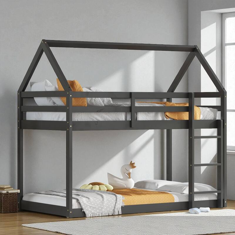 Twin Over Twin Floor Bunk Bed with House Roof Design, Rubber Wood Frame, Ladder and Guardrails for Kids Bedroom