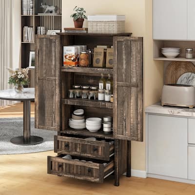 64" Farmhouse Tall Kitchen Pantry Storage Cabinet with 2 Drawers & Doors