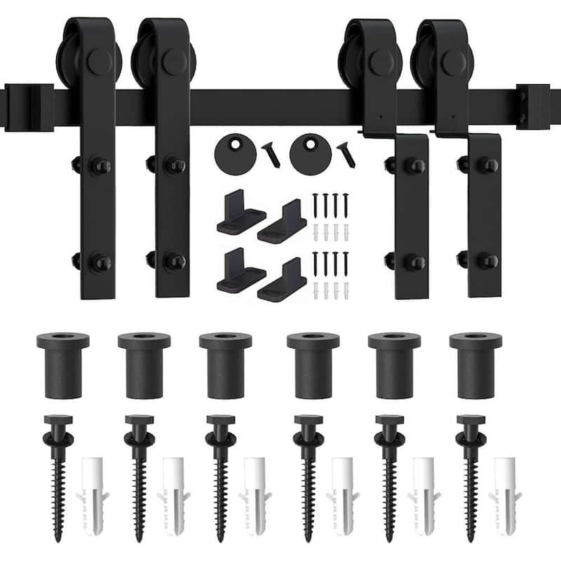 WINSOON 4-18FT Single Track Bypass Sliding Barn Door Hardware Kit for Double Doors J Style Rollers
