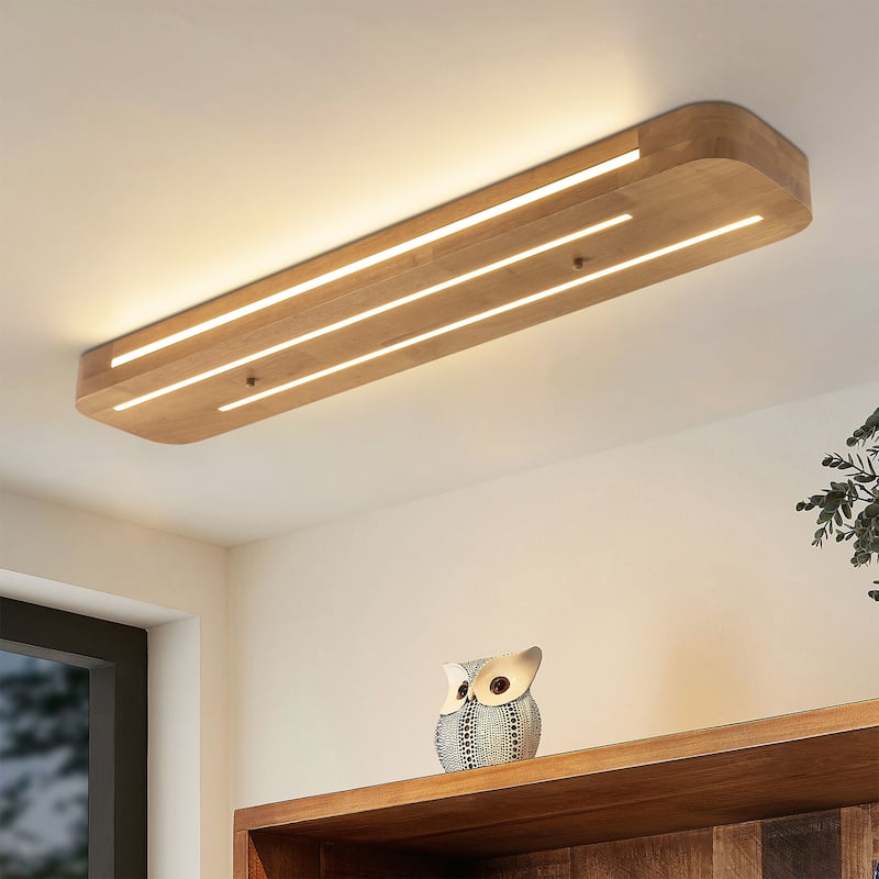 39.37 in. Modern Farmhouse Brown Long Strip Linear Oval Wood LED Flush Mount Ceiling Light - 39.37 in. W x 7.68 in. H x 2.76 in. D - Brown