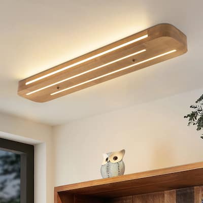 39.37 in. Farmhouse Rustic Brown Long Strip Linear Wood LED Flush Mount Ceiling Light - 39.37 in. W x 7.68 in. H x 2.76 in. D