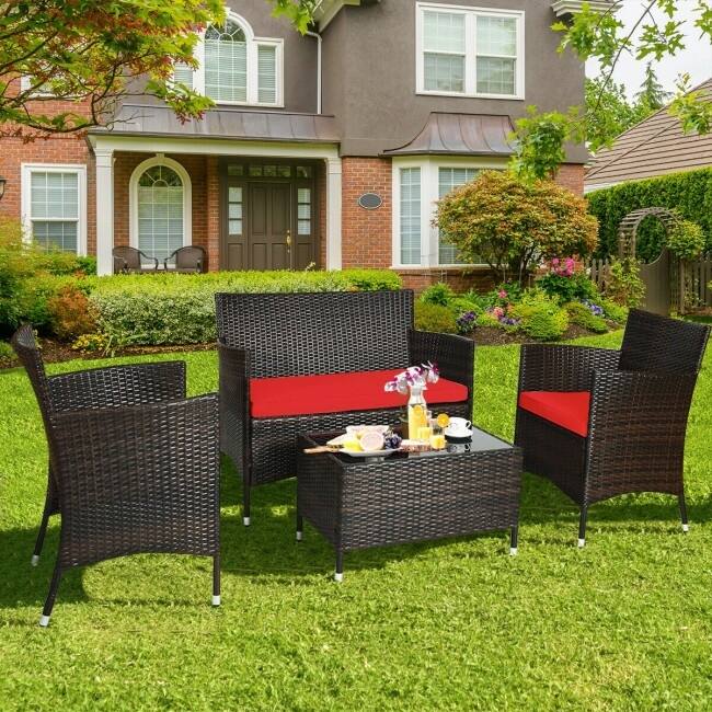 Rattan Patio Conversation Furniture Set with Glass Table and Comfortable Sofa - 4 Pcs