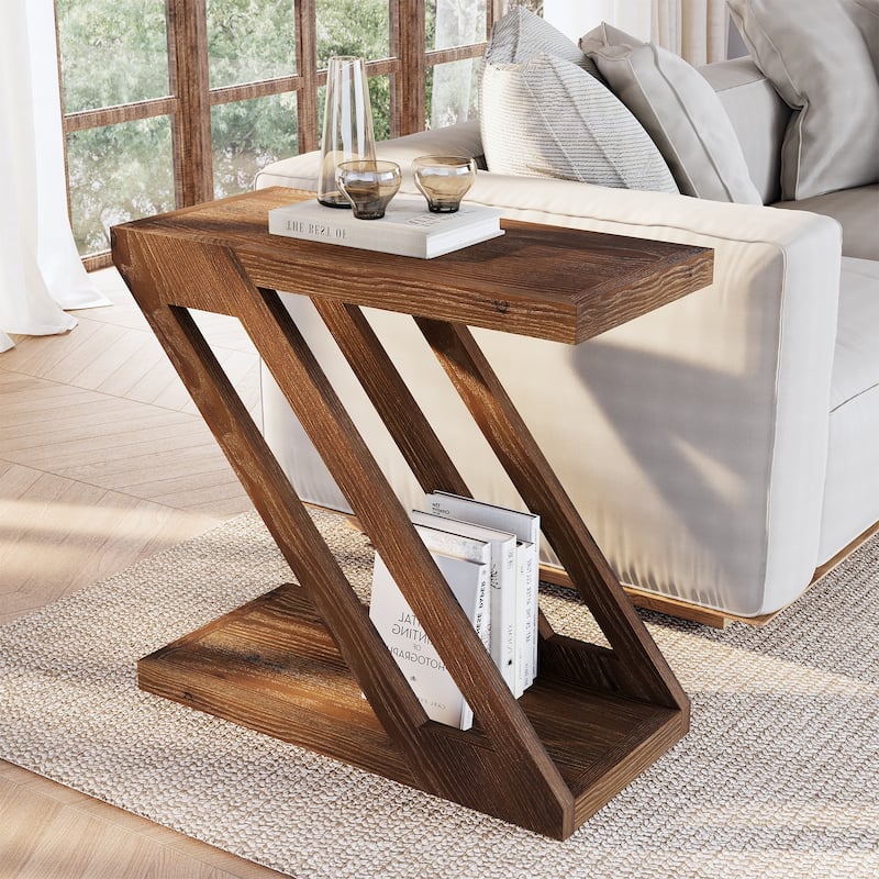 Solid Wood End Side Table Nightstand with Storage for Living Room Bedroom - Brown