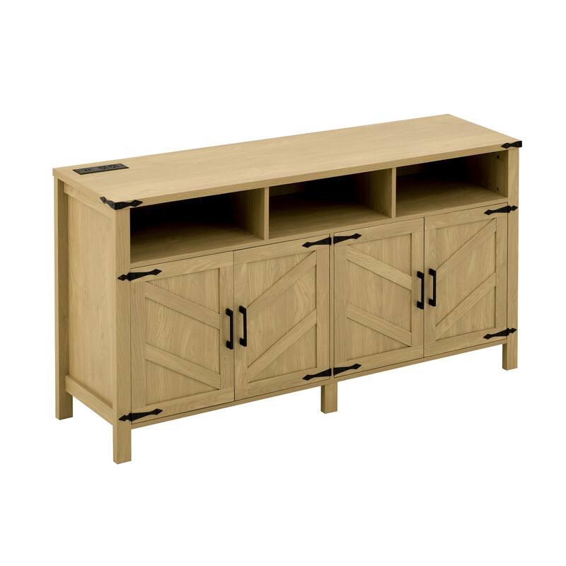 Farmhouse 4-Door Sideboard Buffet with Power Outlets and USB Ports Adjustable Shelves, for Living Room, Dining Room