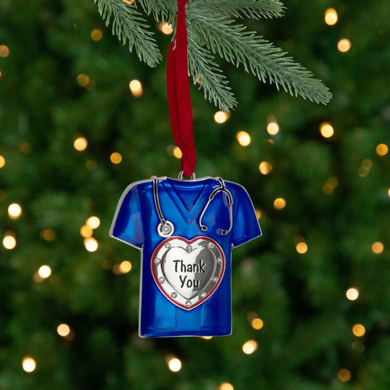 3" Silver Plated Blue Scrubs Christmas Ornament with 11 European Crystals
