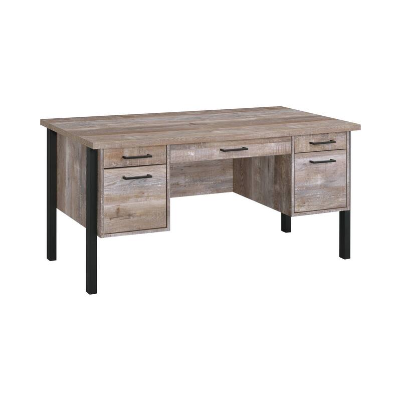 60 Inch Wood Office Writing Desk, 4 Drawers, 1 Cabinet, Rustic Brown, Black - Brown