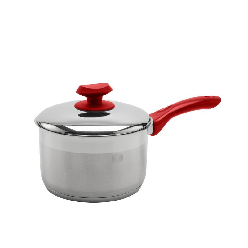 YBM Home Professional Chef’s 18/10 Stainless Steel Sauce Pot Covered Tri-Ply Capsule Base With Handle, Induction Compatible - 2.5 Quart - Red