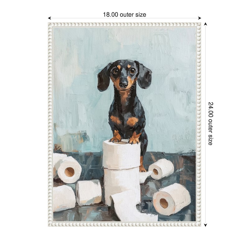 Kate and Laurel Sylvie Cute Dachshund Dog Toilet Paper Rolls Blue Teal Bathroom Art Framed Canvas by The Creative Bunch Studio