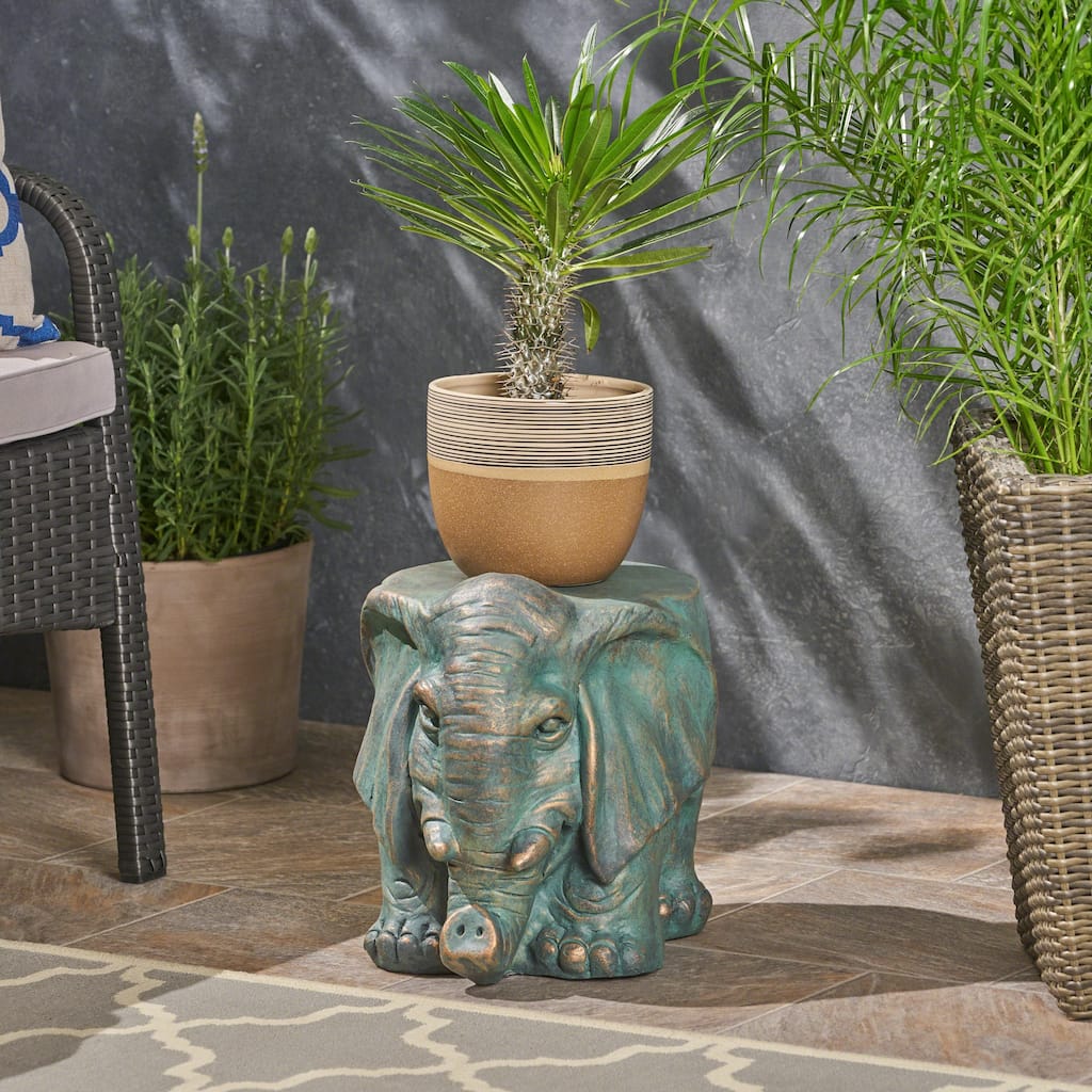 Roomfitters Elephant Garden Stool, Weather-Resistant Lightweight Concrete Decorative Accent Table, Bronze
