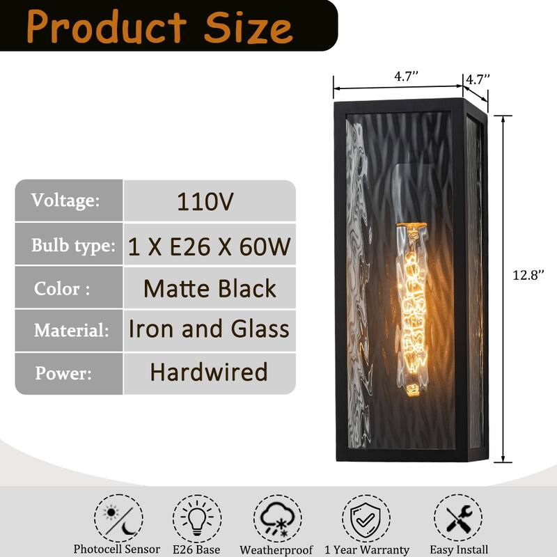 H13" Modern Black Outdoor Wall Sconce with Water Ripple Glass and Dusk to Dawn Sensor Open Bottom Light Fixture for Garage Patio