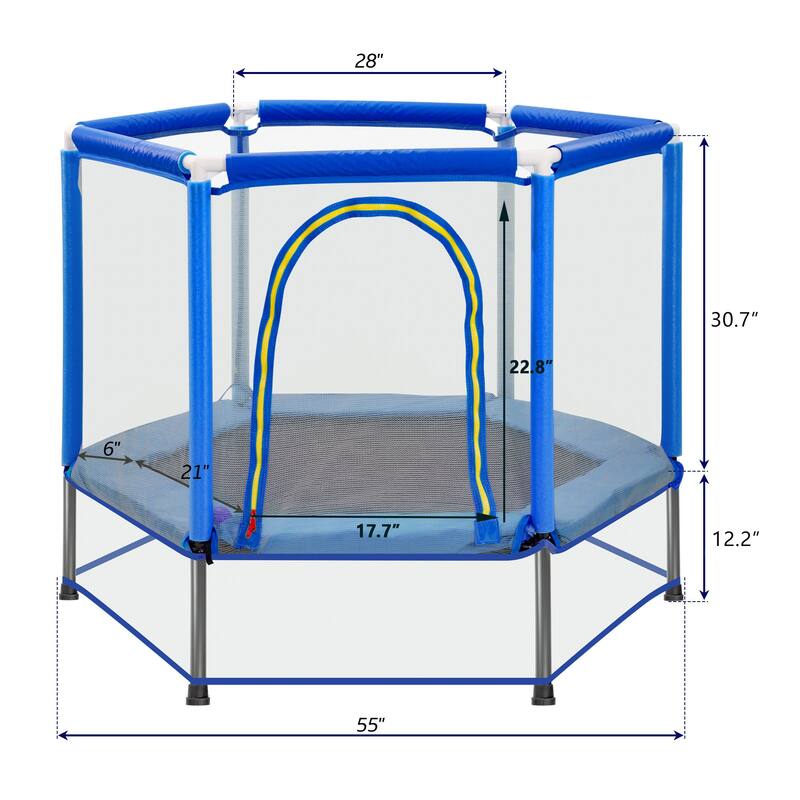 Recreational Trampoline - Basketball Hoop, Safety Enclosure Net, Curved Poles, Ladder - Blue - 55