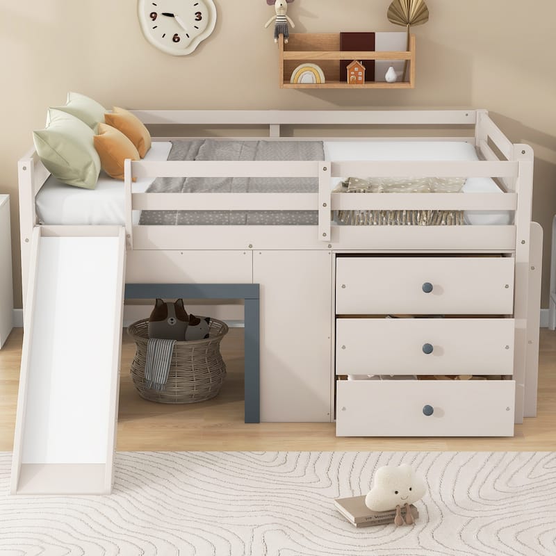 Full Size Low Loft Bed with Slide, 3 Storage Drawers and 2 Doors