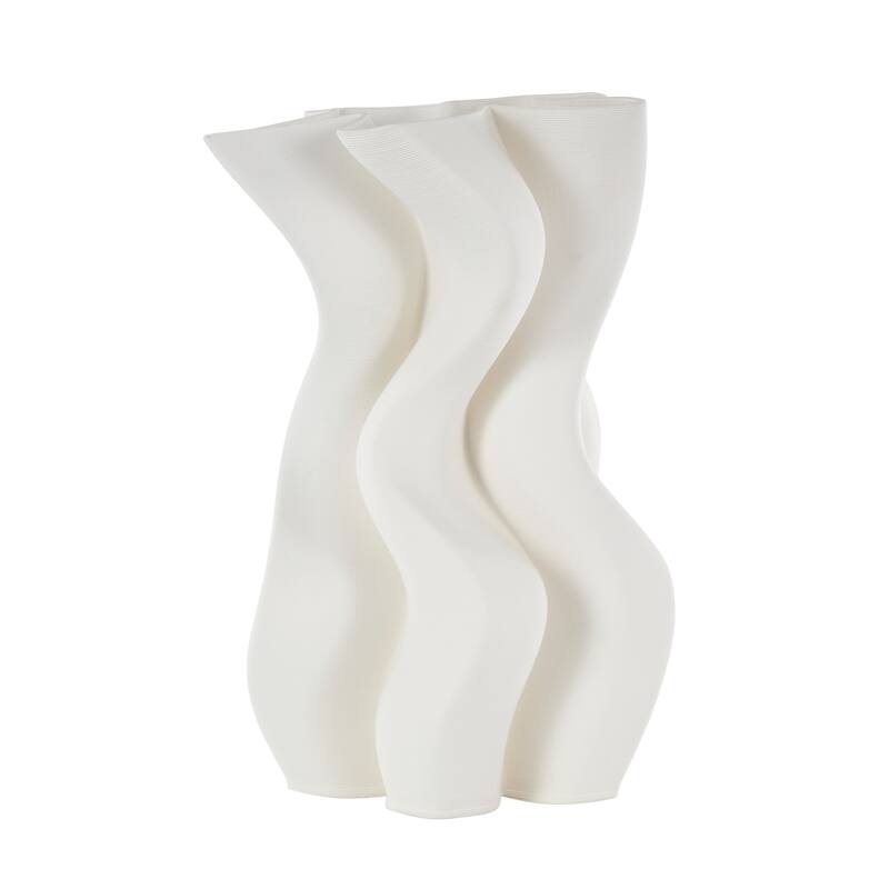 White Ceramic Ribbed Dimensional Wavy Abstract Vase with Floral Shaped Rim