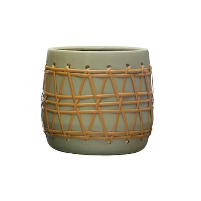Stoneware Planter with Woven Design - 9.0"L x 9.0"W x 8.3"H