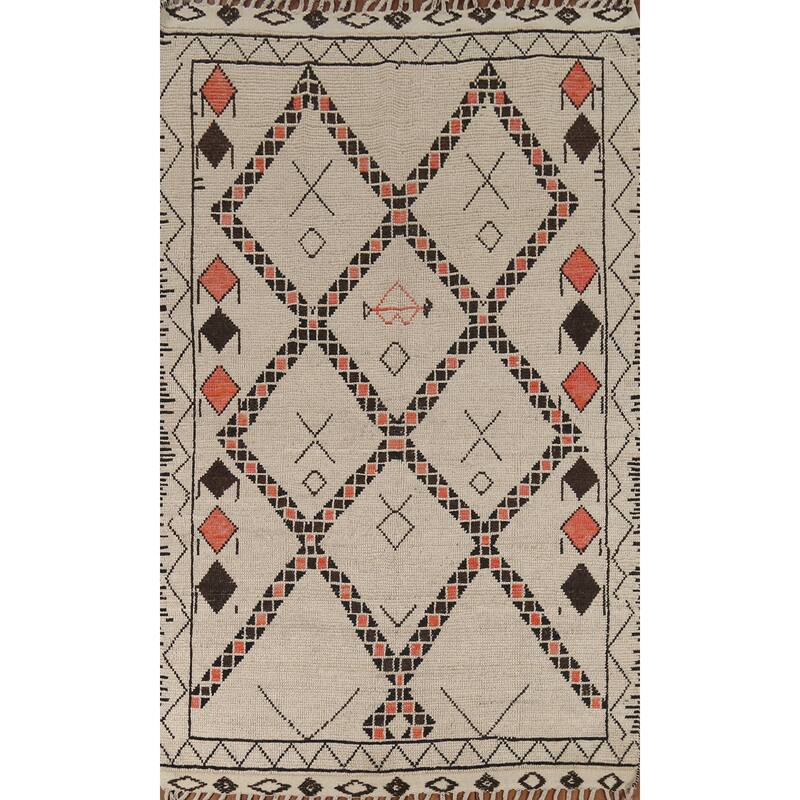 Geometric Moroccan Oriental Area Rug Hand-Knotted Beige Wool Carpet - 6'0"x 9'8"
