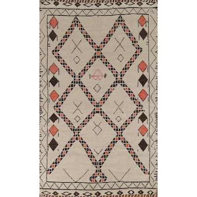 Geometric Moroccan Oriental Area Rug Hand-Knotted Beige Wool Carpet - 6'0"x 9'8"