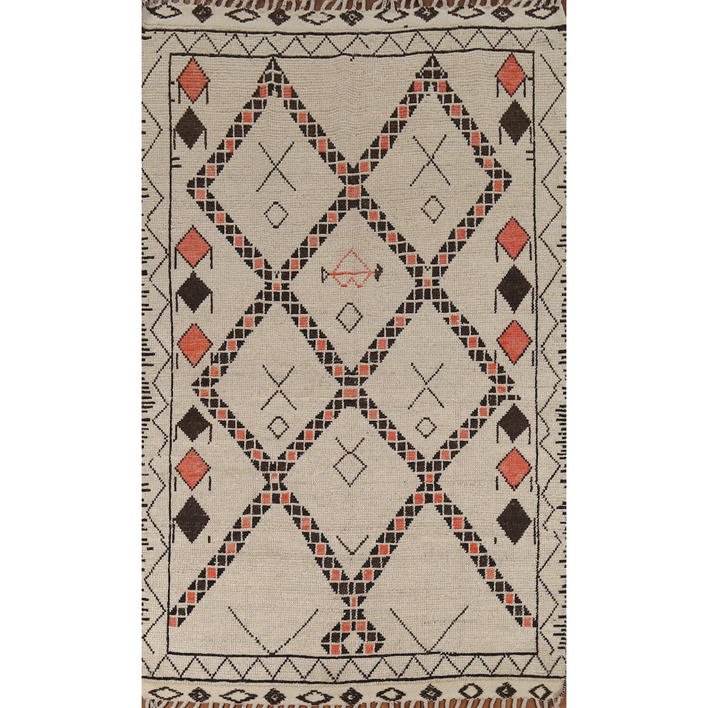 Geometric Moroccan Oriental Area Rug Hand-Knotted Beige Wool Carpet - 6'0"x 9'8"
