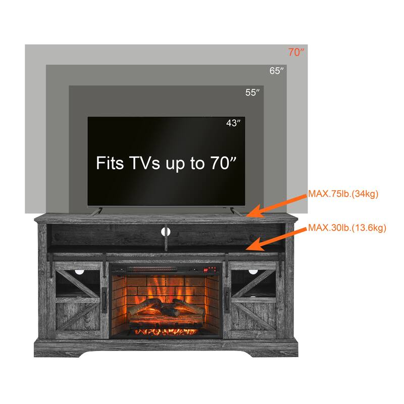 60" Entertainment Center with 1500W Electric Fireplace, Door Sensor, Infrared Remote, and Storage for TVs up to 70"