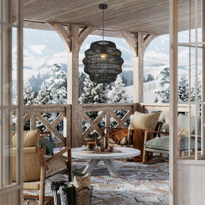 Cana 1-Light Wicker Outdoor Pendant, Coastal Boho Tiered Drum - Handwoven