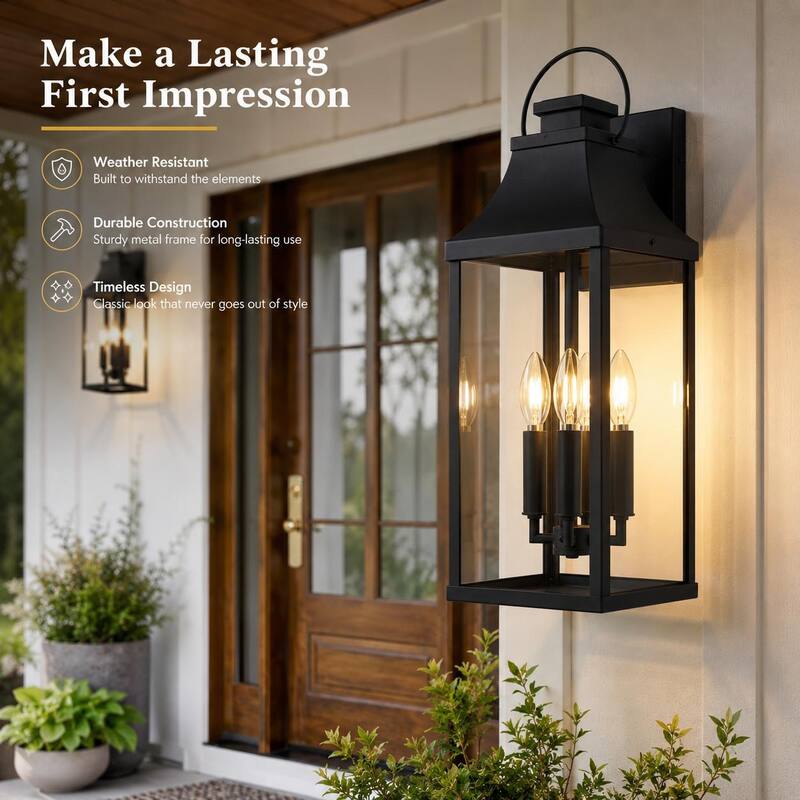 4-light Outdoor Wall Light With Matte-black Lantern & Clear Glass