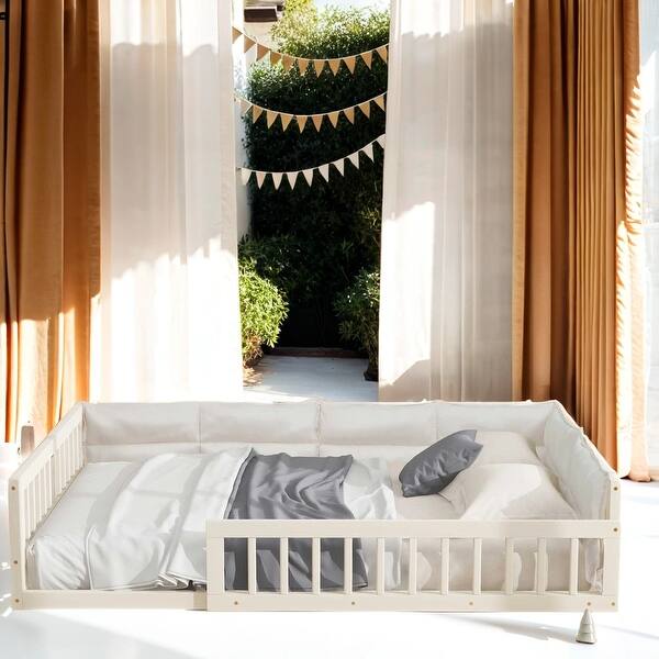 slide 2 of 12, Wood Full Size Upholstered Platform Bed with Guardrail and Pillow Beige