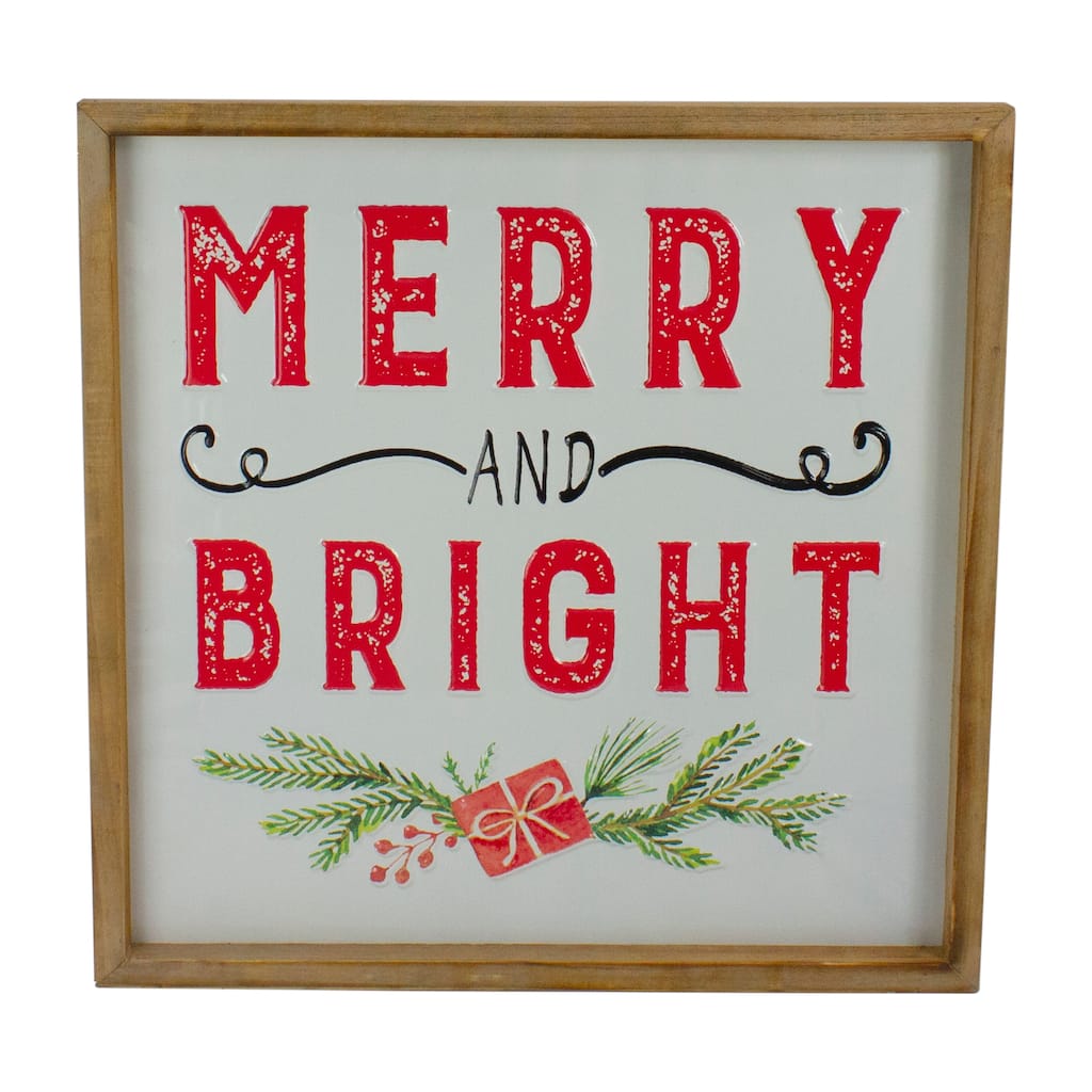 16" White Red "MerryBright" Metal Christmas Sign Wood Frame Wall Decor