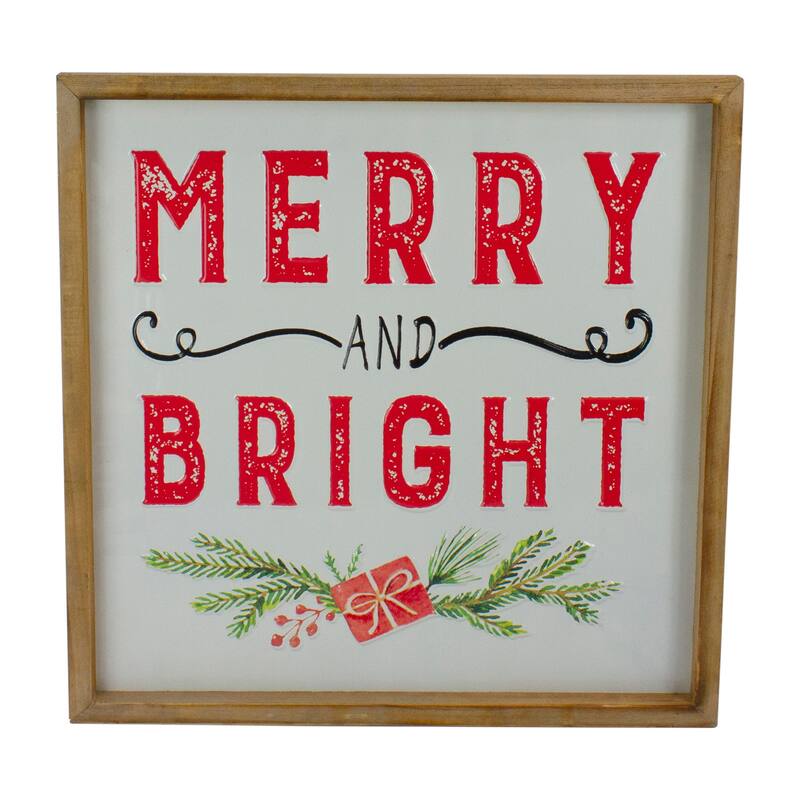 16" Wooden Framed "Merry And Bright" Metal Christmas Sign