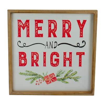 16" Wooden Framed "Merry And Bright" Metal Christmas Sign