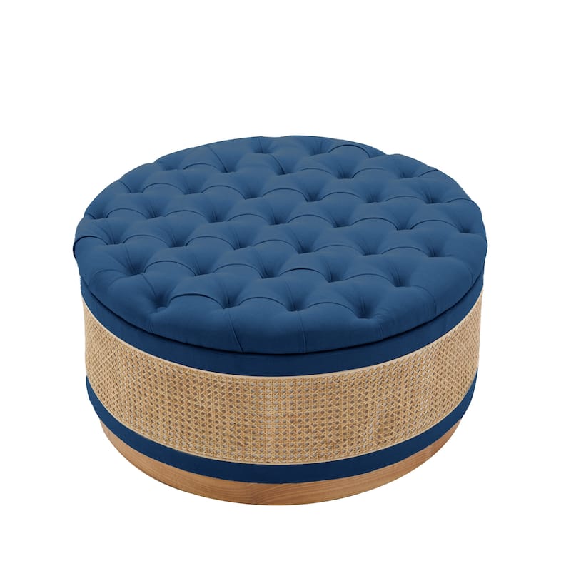Linen & Rattan Round Storage Ottoman, Button-tufted Upholstery - sapphire Blue