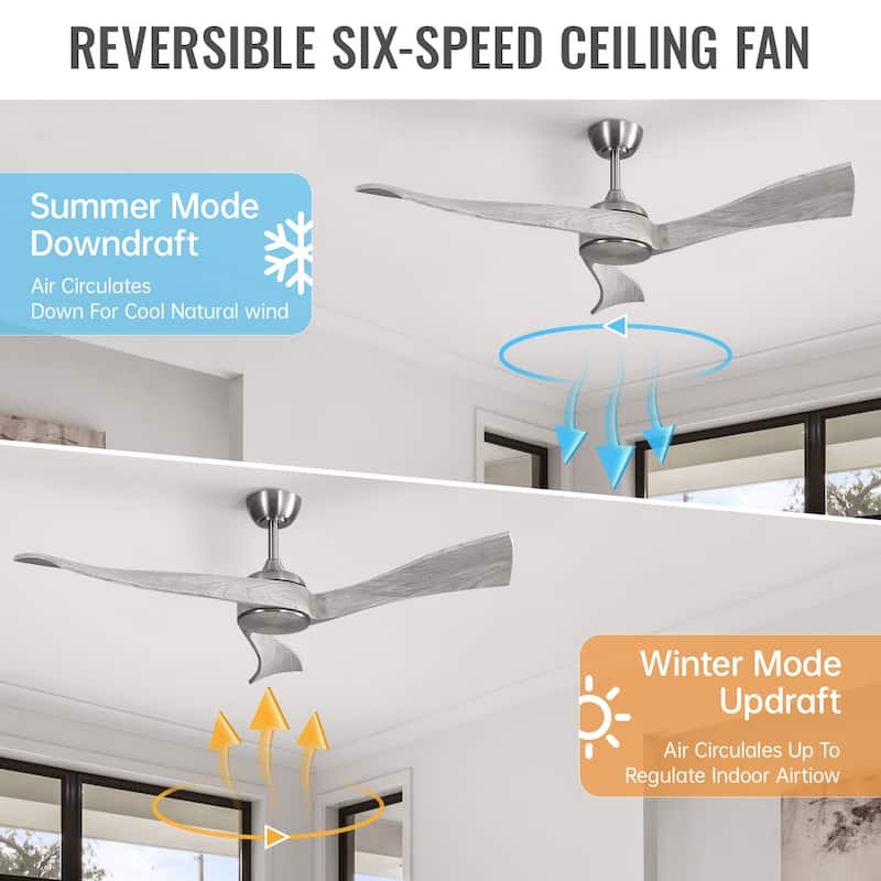 52" Wood Noiseless 3-Blade Ceiling Fans with Dimmable LED Light Optional and Remote, 6-Speed Reversible DC Motor