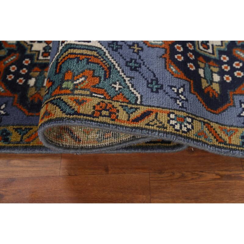Blue Geometric Kazak Indian Accent Rug Handmade Floral Wool Carpet - 2'7"x 5'10"