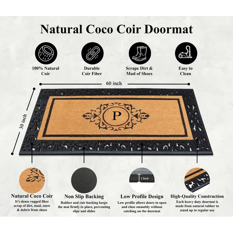 A1HC Natural Coir and Rubber Monogrammed Floral Bordered Doormat 30"X60"