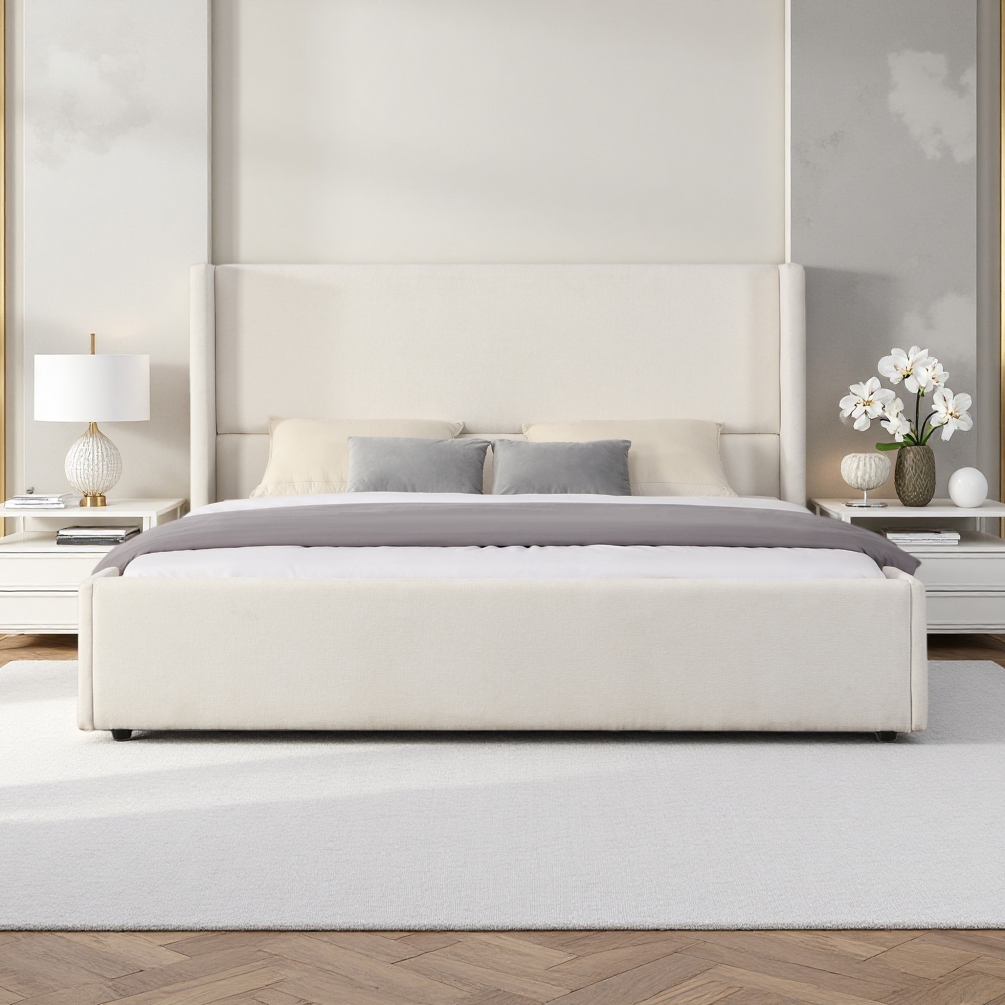 King Size Fabric Upholstered Tall Wingback Headboard Platform Bed, Soft Touch Upholstery, Modern Elegant Bedroom Bed Frame