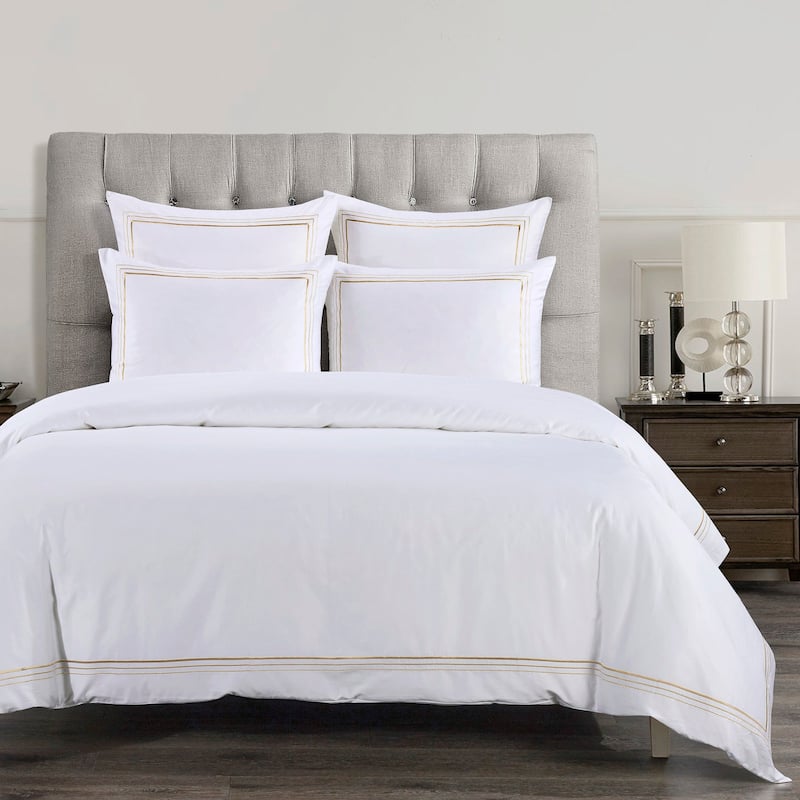 HiEnd Accents 100% Cotton Hotel Luxury Embroidered Border Duvet Cover Set, 3PC - Light Gold - Queen