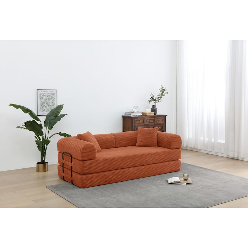 Convertible Sleeper Sofa Bed Corduroy Folding with Cylindrical Pillow Living Room - Orange