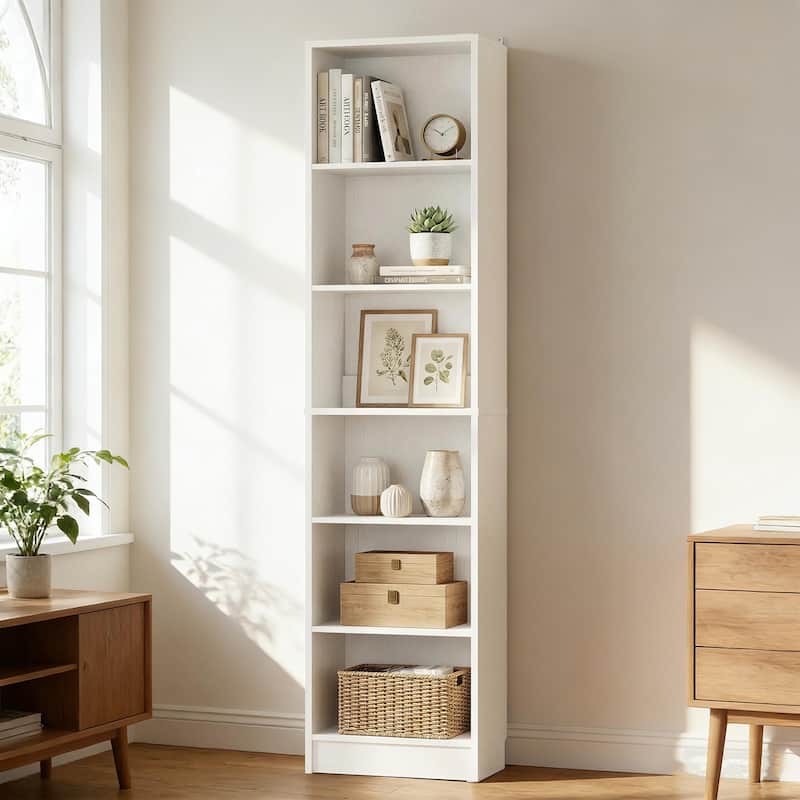 80"H Tall 6-Tier Bookcase With 2 Adjustable Shelves，Modern Open Storage Shelf for Home Office and Bedroom - Vintage White