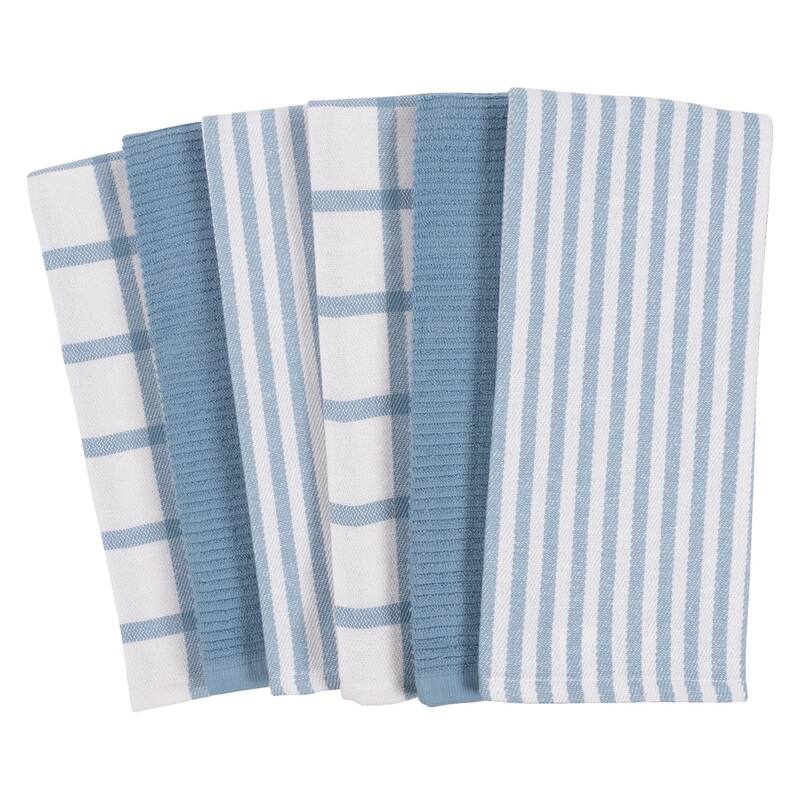 Mixed Flat & Terry Kitchen Towels, Set of 6 - 18 x 28 - Fade Denim