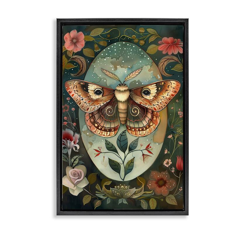 Stupell Moth with Blooming Florals Framed Floater Canvas Wall Art Design By The Dutch Lady - 21 x 31 - Black