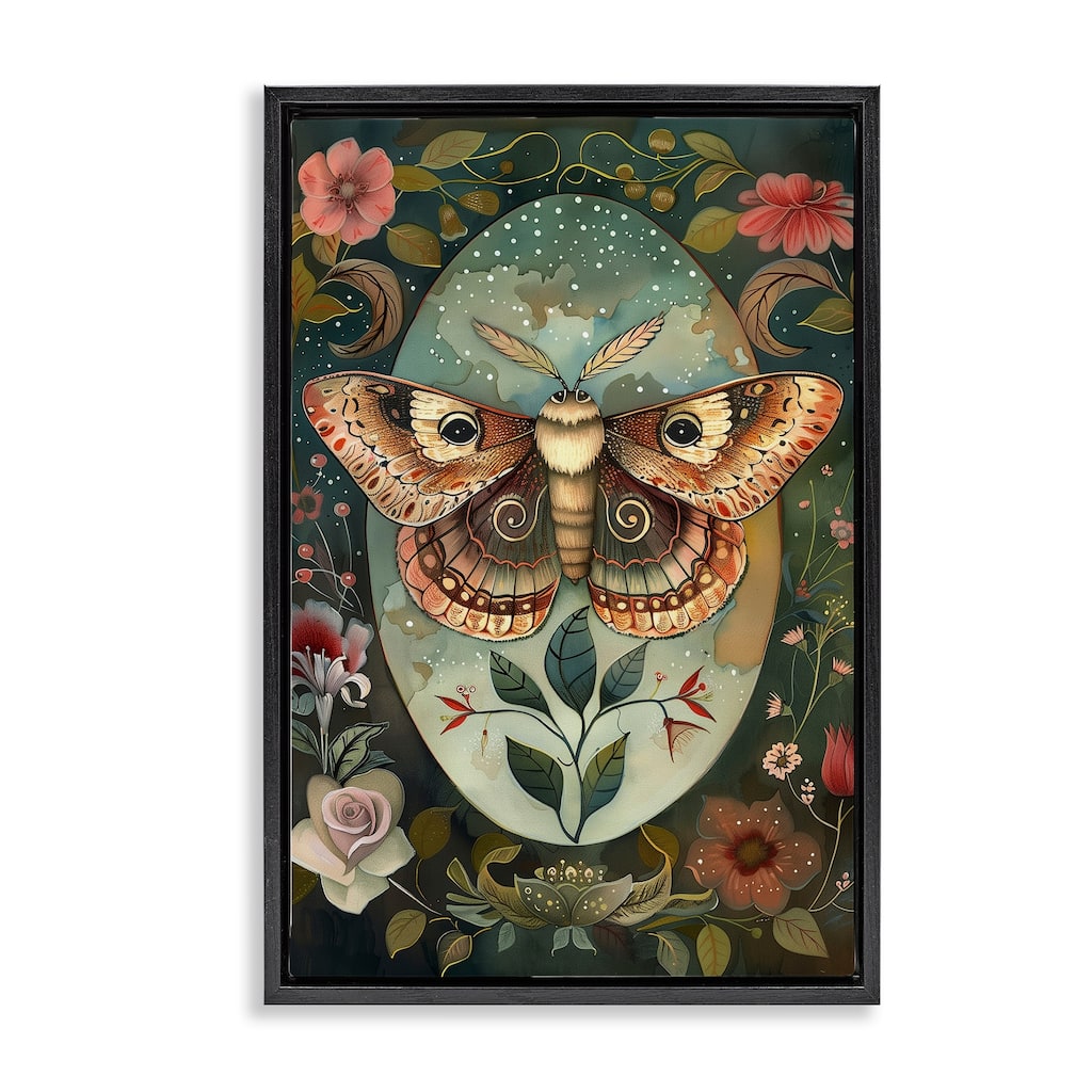 Stupell Moth with Blooming Florals Framed Floater Canvas Wall Art Design By The Dutch Lady