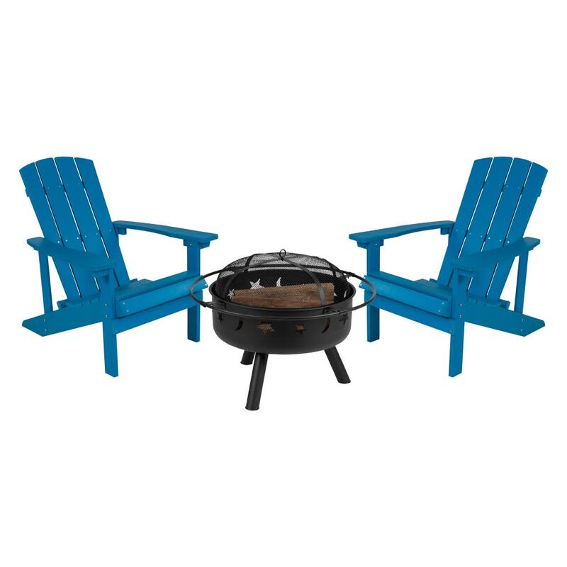 Star and Moon Fire Pit with Mesh Cover & 2 Poly Resin Adirondack Chairs